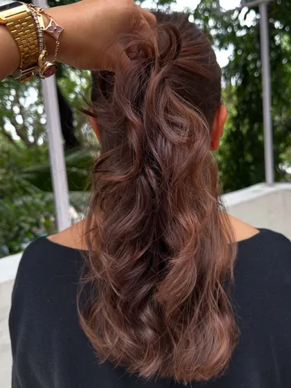 The ponytail view of the 'Cinnamon Chocolate' look.