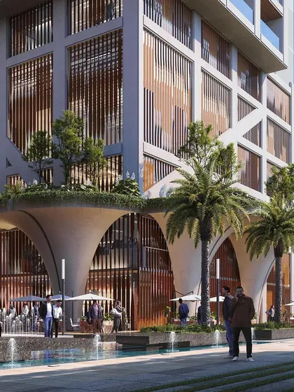 Our competition-winning design for high-end luxury towers in Hyderabad. The ground level features sculptural, funnel-like columns that create a dramatic and porous connection to the surrounding public plaza and water features.