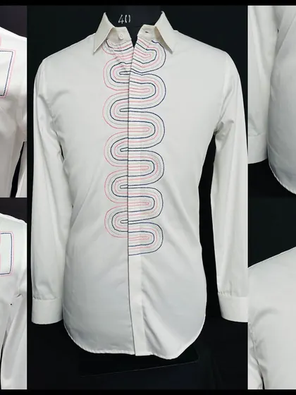 A collage of the white shirts with abstract and geometric embroidery. The wavy lines and intersecting squares offer a playful yet sophisticated take on men's shirting.