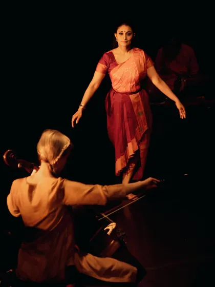 The interplay between dancer and musician is central to *Abandhana*. Here, the cellist becomes a physical presence in the narrative, her music weaving through the story of the Buddhist nuns.