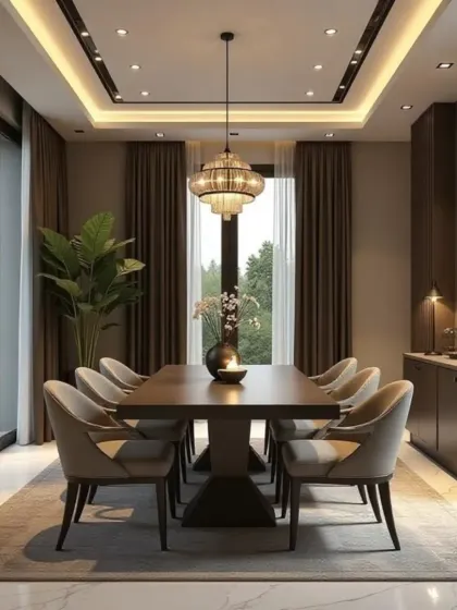 A moody and elegant dining room featuring dark wood tones and a striking chandelier. The tray ceiling with cove lighting adds architectural depth, while large windows ensure the space feels connected to the outdoors.