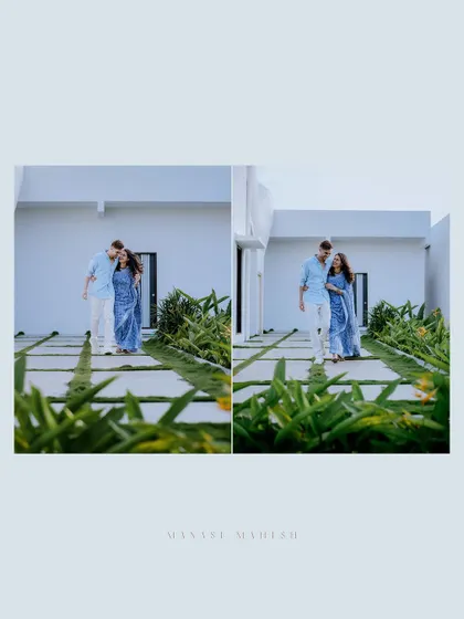 A diptych of the couple walking hand-in-hand outside a modern home, capturing their journey together in a stylish setting.