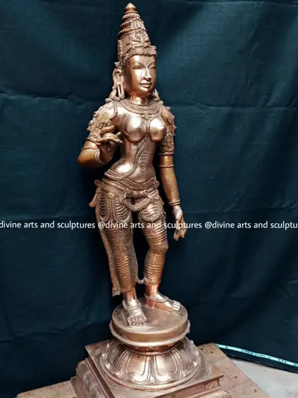A finished bronze sculpture of Sivagami (Goddess Parvati). Crafted in the elegant Chola style, her mudras (hand gestures) signify fearlessness and complete devotion to Lord Shiva.