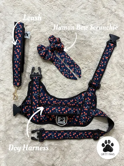 My complete cherry print twinning set. This flat lay shows the adjustable dog harness, a matching sturdy leash, and a cute bow scrunchie for you. It's one of my most popular sets for pet parents who love to coordinate.