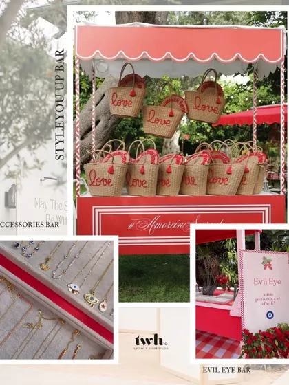 Let your guests style themselves up. We can set up a full accessories bar with custom jewelry, an 'evil eye' station for good vibes, and even provide cute tote bags for them to carry their new treasures.