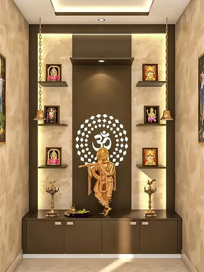 This contemporary pooja unit features a central 'Om' symbol with backlighting. Floating shelves on either side provide space for smaller frames, creating a balanced and serene setup.
