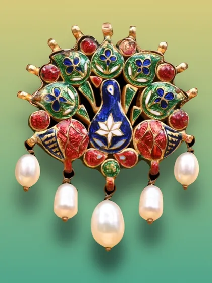 Another view of the exquisite peacock pendant, highlighting its intricate design and use of colorful enamel. This piece was offered with a special 'Buy Now Price' during the Holi festival, connecting art with cultural celebration.