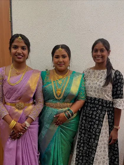 My sweetest clients, Shruti and Suganya. I draped their sarees for a family function, and it's always a joy to work with them and see them looking so beautiful together.
