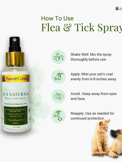 This simple guide shows how to use our Flea & Tick spray effectively. Just shake well, mist your pet's coat evenly while avoiding the face, and reapply as needed for continued protection.