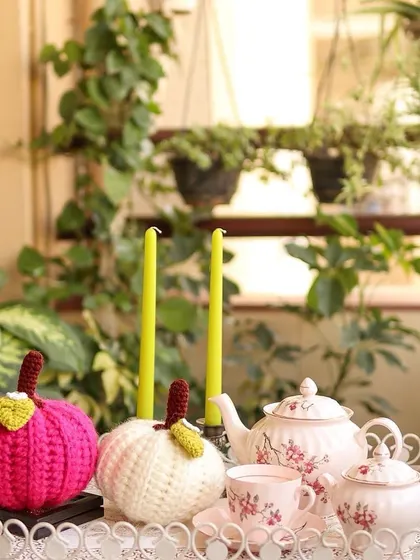 Fall vibes for your tea time, with a collection of my handmade pumpkins and a vintage tea set.