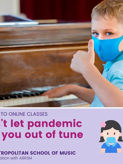 A young student gives a thumbs-up during his piano lesson, showing his enjoyment and confidence. We make learning accessible and safe, offering both online and in-person options for kids.