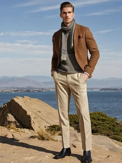 This AI-generated concept places a smart-casual outfit in a natural, coastal setting. It features a brown blazer, grey sweater, and beige trousers, suggesting a look for eco-tourism or a weekend getaway.