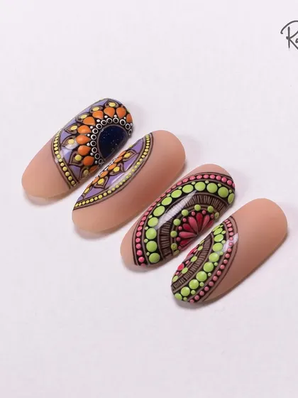 Another angle of the mandala nails, showcasing the beautiful color combinations and detailed line work.