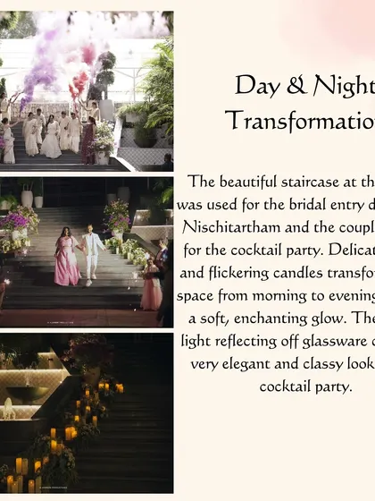 I love using a venue's existing features. This staircase was transformed from a sunlit bridal entry to a romantic, candlelit entrance for the evening party.