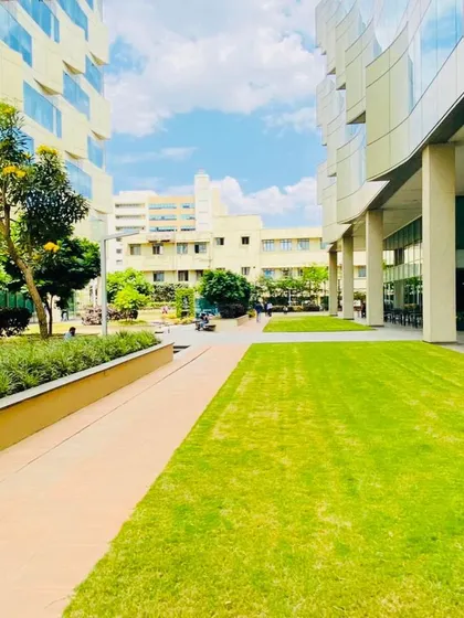 A wide, open lawn provides a versatile green space for employees to relax and for company events.