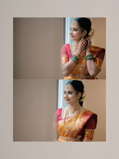A diptych of the bride getting ready, capturing her serene expression as she puts on her jewelry, a quiet moment before the ceremony begins.