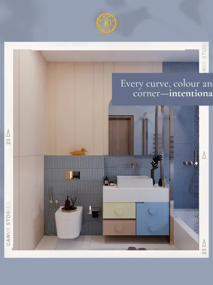 Every curve, color, and corner is intentional. This image highlights the thoughtful details of the bathroom, from the arched mirror to the playful, multi-colored vanity.