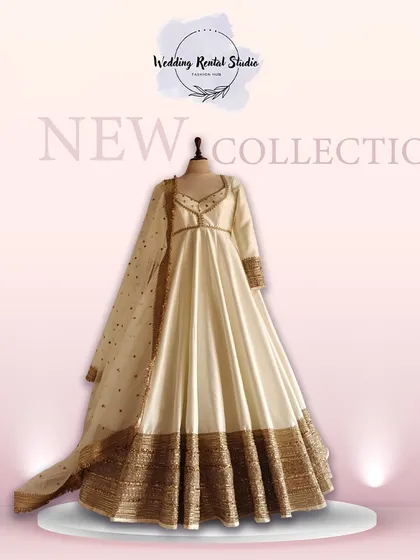 From our new collection, a simple yet elegant off-white Anarkali suit with a gold border. A timeless piece for any daytime event.