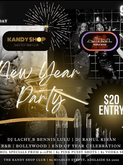 Another design for the NYE party at Kandy Shop, highlighting the end-of-year celebration with a mix of R&B and Bollywood music.