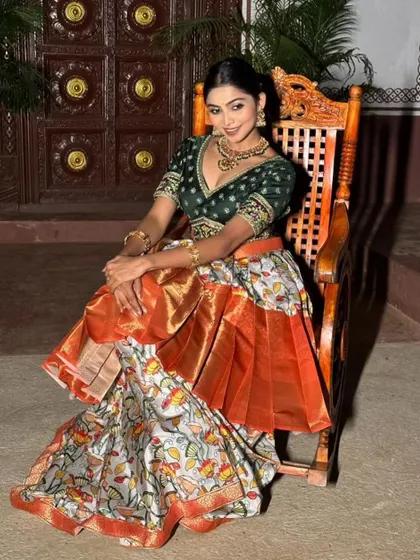 Another beautiful shot of the rental lehenga, showcasing its unique print and vibrant colors.