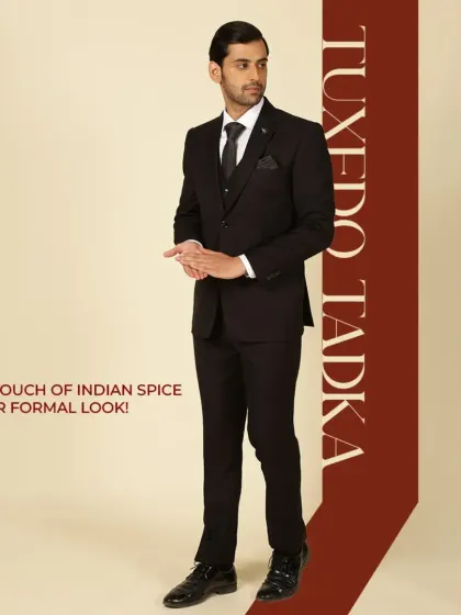 Add a touch of Indian spice to your formal look. Our classic black tuxedo is a statement of timeless style.
