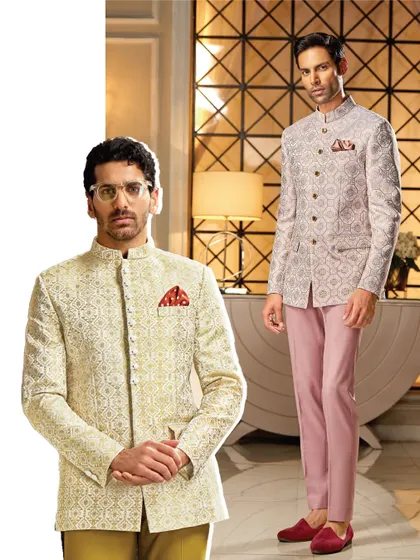 We offer a range of sherwanis for the modern groom. From a rich cream jacquard to a subtle pink pattern, each piece is tailored to perfection for your special day.