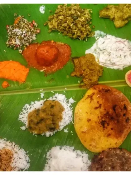 Another example of a grand festive meal. This one includes multiple rice preparations, various palyas, idli, vada, and our special 50-50 holige.