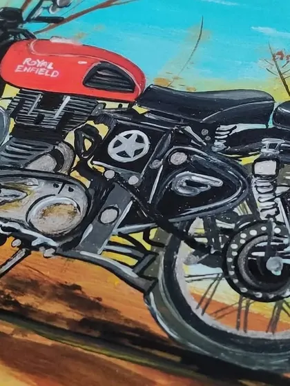 A detailed close-up of my hand-painted Royal Enfield, capturing the engine and classic design of this iconic motorcycle.