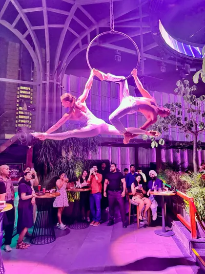 A beautiful moment from a duo performance on the aerial hoop. This kind of synchronized work relies on both artists having a deep understanding of their flexibility and control, especially in poses like this shared split.
