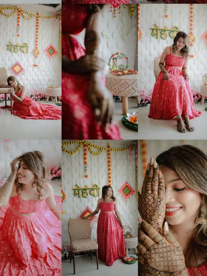 A collage showcasing the joy and beauty of the Mehndi ceremony. It includes portraits of the bride, close-ups of her henna, and shots of the festive decor.