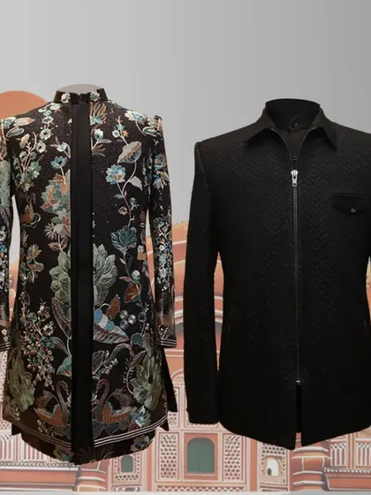 A graphic featuring two distinct styles: a black floral Indo-Western jacket and a modern black bomber jacket, showcasing my range.