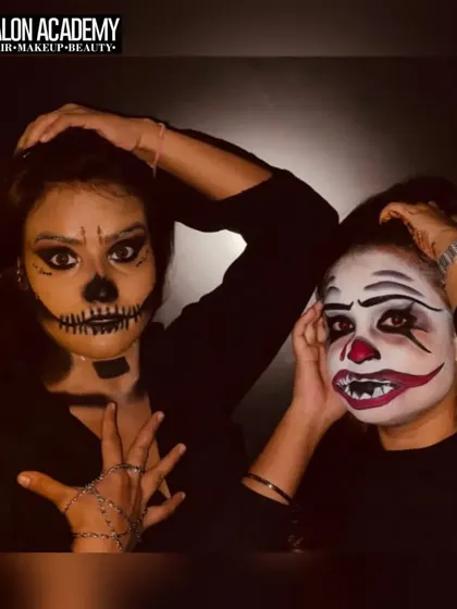 Another example of student-created Halloween makeup, featuring a skull and a menacing clown look, demonstrating their ability to create distinct characters.