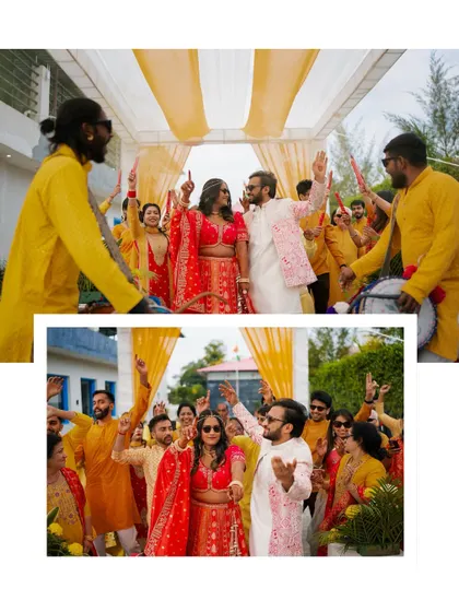 A collage showing the fun and energy of a fusion Haldi ceremony, with the couple dancing and celebrating with their loved ones.