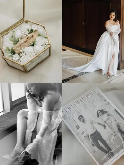 A collage of beautiful details from a Christian wedding, including the ring box, the bride's shoes, and a custom "Newlywed Post" newspaper.