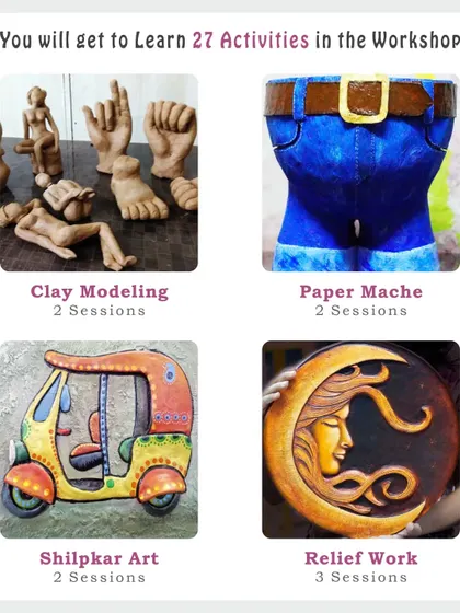 Get your hands dirty with 3D art forms like Clay Modeling, Paper Mache, Shilpkar Art, and Relief Work. This part of the workshop focuses on sculpture and textural art.