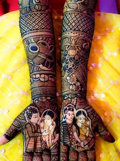 This is a duplicate of image 64. A heartwarming design that tells a family story, with portraits of the couple and their child, celebrating their bond.