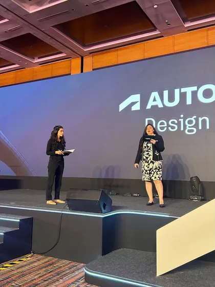 Our show caller providing on-stage direction to the host of the Autodesk Summit during rehearsals.