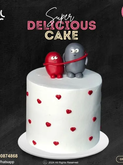 A sweet and simple anniversary cake. This design is decorated with tiny red hearts and topped with two adorable characters bound by a red string, symbolizing a strong connection.
