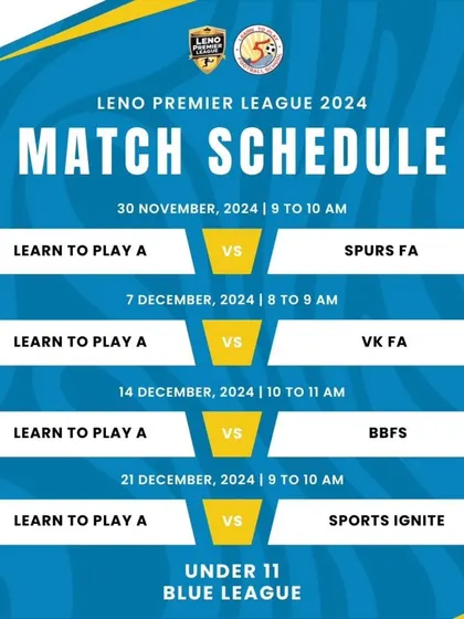 The match schedule for our U11 Team A in the Blue League of the Leno Premier League 2024.