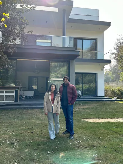 Saumya and Sudhir at the Triveni Farmhouse project. Seeing a design come to life in its natural setting is one of the most rewarding parts of our work as architects.