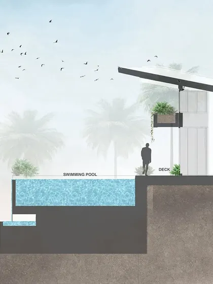 This partial section highlights the infinity pool and viewing deck. The design provides a space for relaxation while taking in the beautiful scenic views of the Gurupura river and surrounding landscape.