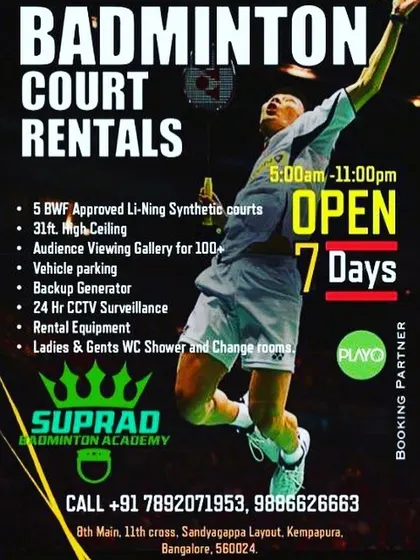 All you need to know in one place. We offer 5 BWF-approved courts with high ceilings, ample parking, a viewing gallery, and rental equipment, open 7 days a week from 5 AM to 11 PM.