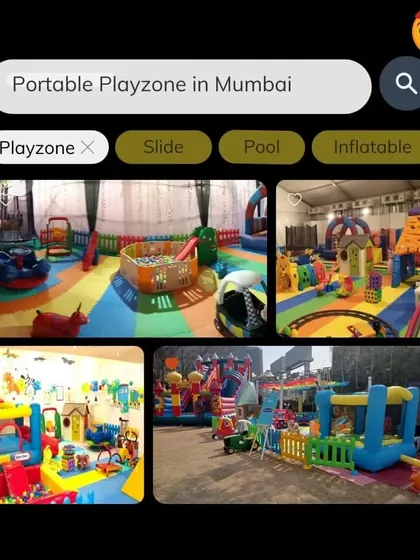 This graphic, designed to look like a search engine result, shows various playzone options, including slides, pools, and inflatables, all available through my portable playzone service.