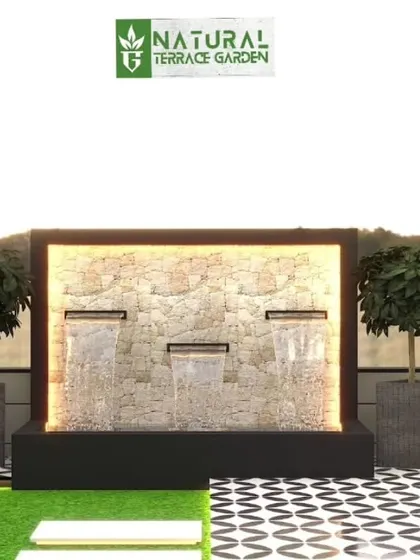A classic water feature design in a 3D render. The stone-clad waterfall is flanked by elegant topiary plants, set against a patio with black and white patterned tiles.