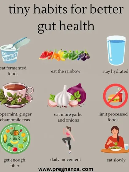 Good gut health is the foundation of overall wellness, affecting everything from digestion to mood. This infographic shows tiny, manageable habits like eating slowly and staying hydrated that can significantly improve your gut health during postpartum recovery.