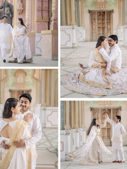 A collection of moments from a royal-themed shoot, featuring the couple in coordinated white outfits. We captured walking shots, seated portraits, and a graceful dance, all within a beautiful palace courtyard.