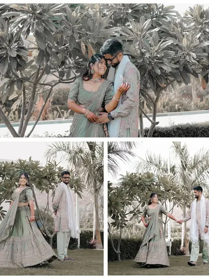A series of portraits from a Haldi or Mehendi function set in a beautiful garden. We capture the couple in both posed and candid shots, highlighting their elegant outfits and the natural surroundings.