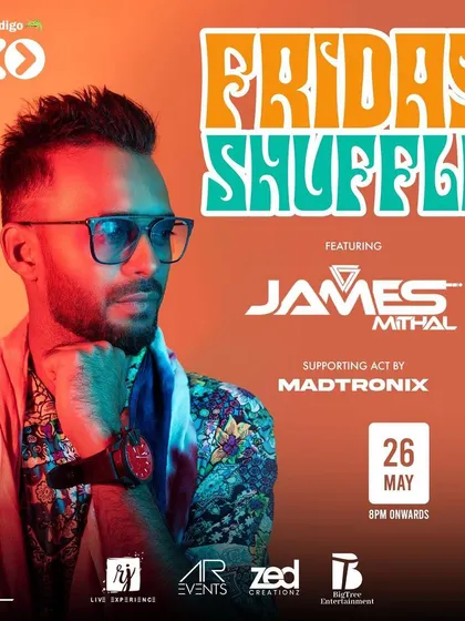 A vibrant poster for 'Friday Shuffle' at Indigo XP. The design reflects the fun and exciting energy of the party.
