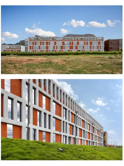 The facade of SVICCAR in Tirupati, showcasing a design that incorporates abundant natural light and views of nature, which are foundational to our healing-centric design philosophy.