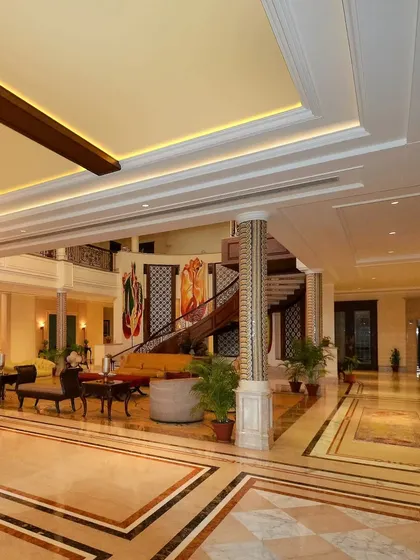 A journey of patterns and colors that dance in harmony. From the intricate patterns on the pillars to the art nouveau-inspired flooring, this space is where creativity meets craftsmanship.
